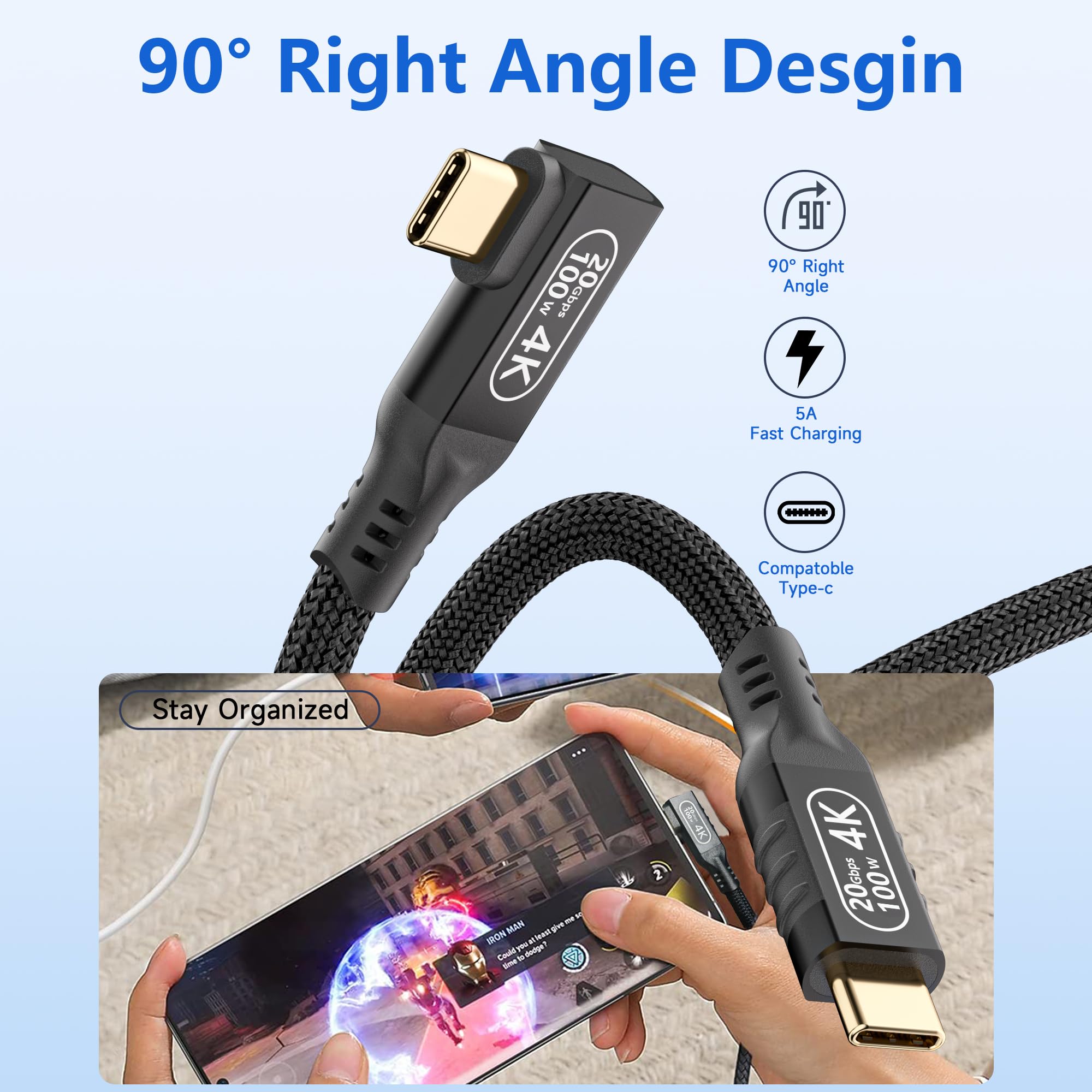 Cable USB C a USB C de 90 grados de 16.5 pies, transferencia de datos de alta velocidad de 20 Gbps, cable de carga largo USB C en ángulo recto, cable de monitor USB-C USB-C, video 4K 60Hz