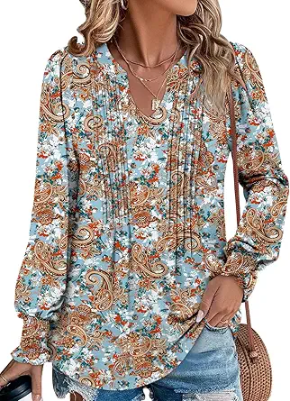 BETTE BOUTIK Long Sleeve Shirts for Women Fall Tops Dressy Blouses Pleated V Neck Tunic Tops for Leggings S-3XL