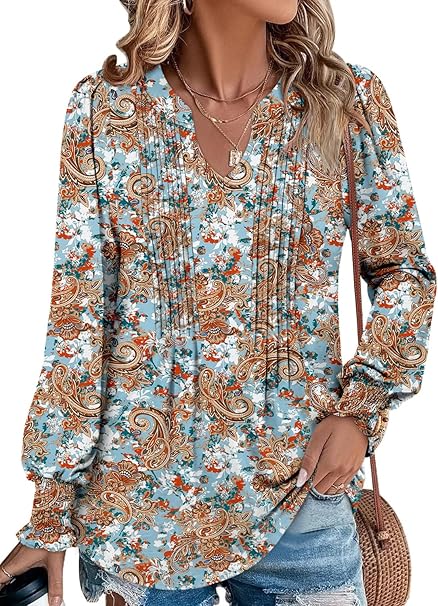 BETTE BOUTIK Long Sleeve Shirts for Women Fall Tops Dressy Blouses Pleated V Neck Tunic Tops for Leggings S-3XL