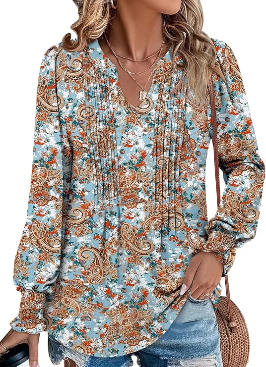 BETTE BOUTIK Long Sleeve Shirts for Women Fall Tops Dressy Blouses Pleated V Neck Tunic Tops for Leggings S-3XL