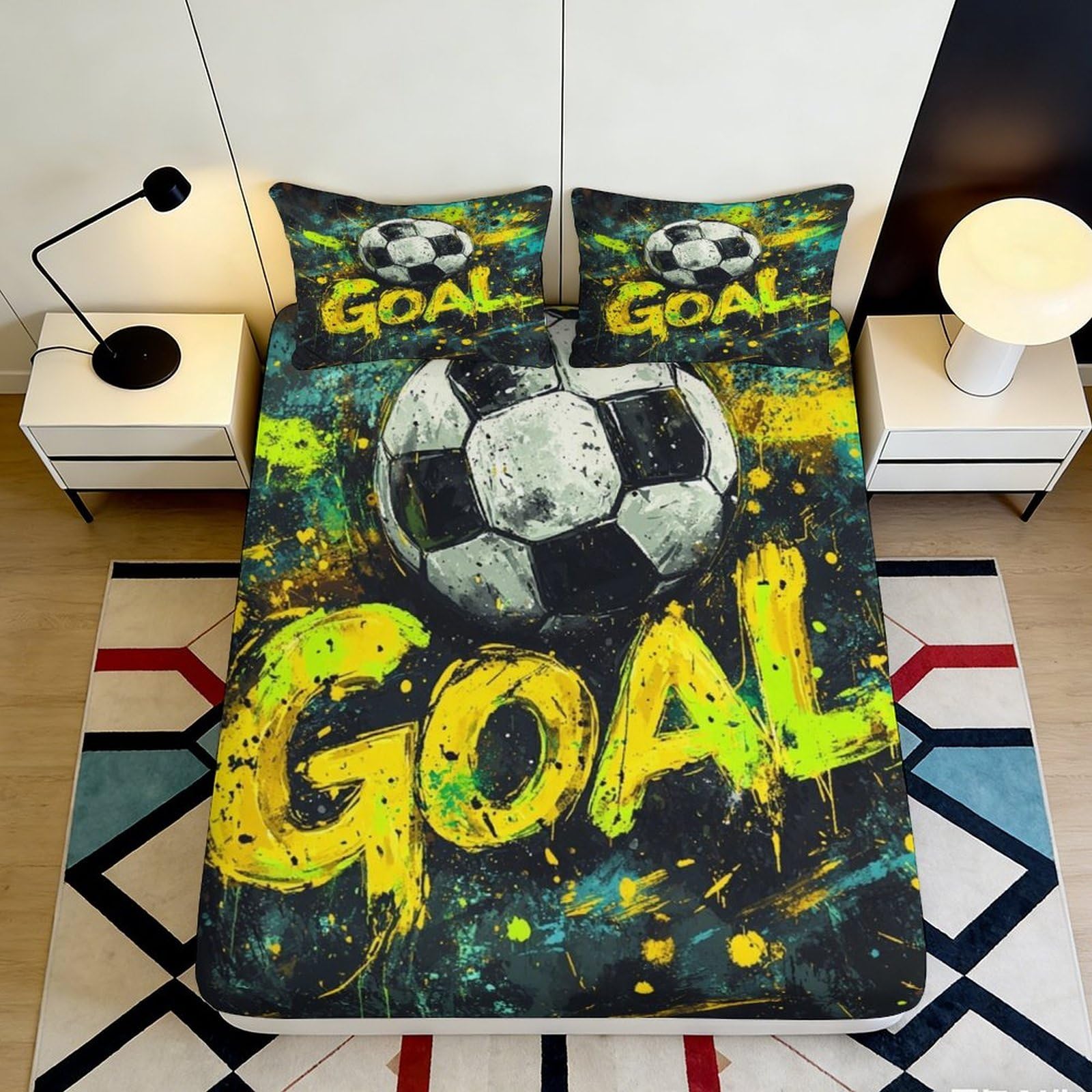 3D Printed Football Goal Fitted Sheet Microfiber Soft Durable Soccer Ball Bed Cover for Bedroom Dormitory Guest Room Mattress Protection 120x200x25cm