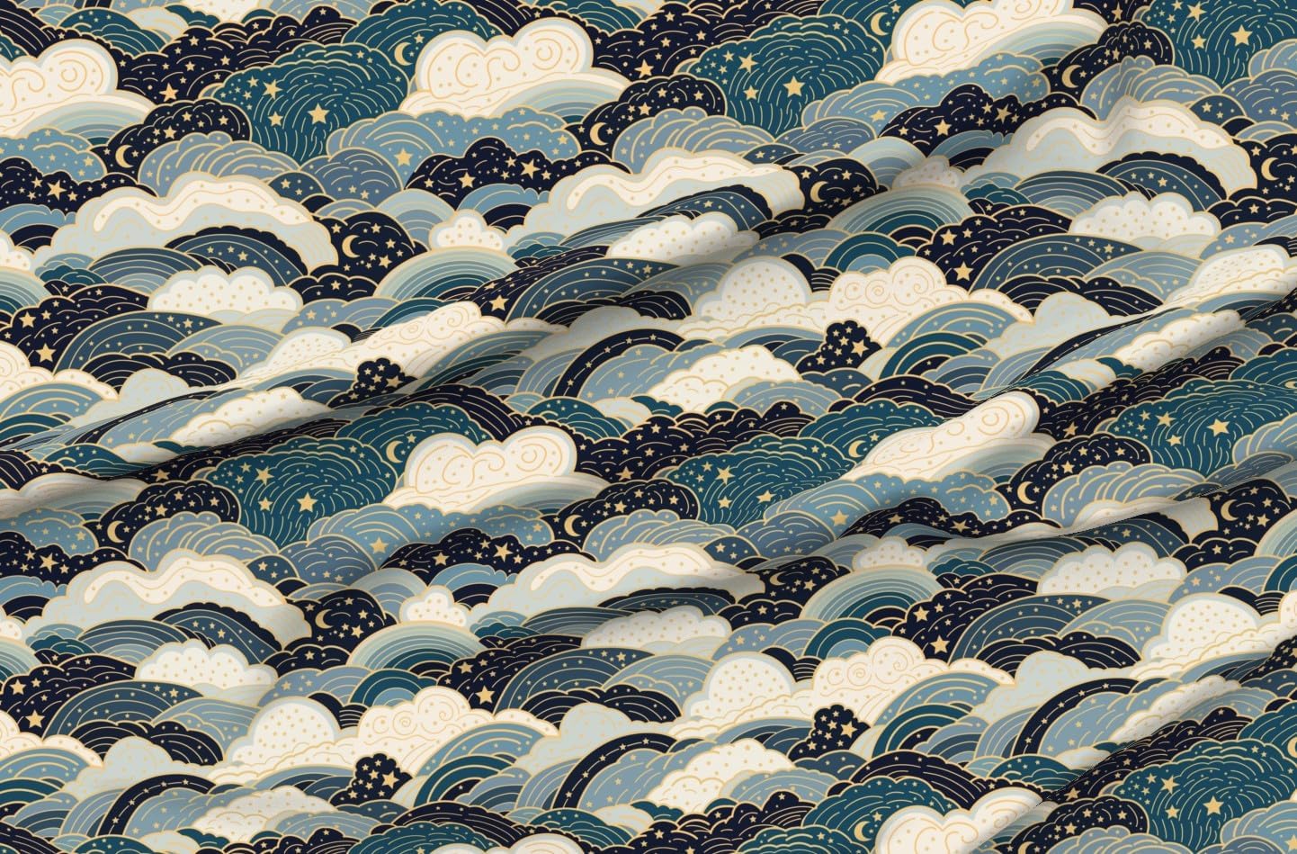 Spoonflower Fabric - Night Sky Blue Yellow Sleepy Clouds Stars Moon Serene Celestial Printed on Minky Fabric Fat Quarter - Sewing Baby Blankets Quilt Backing Plush