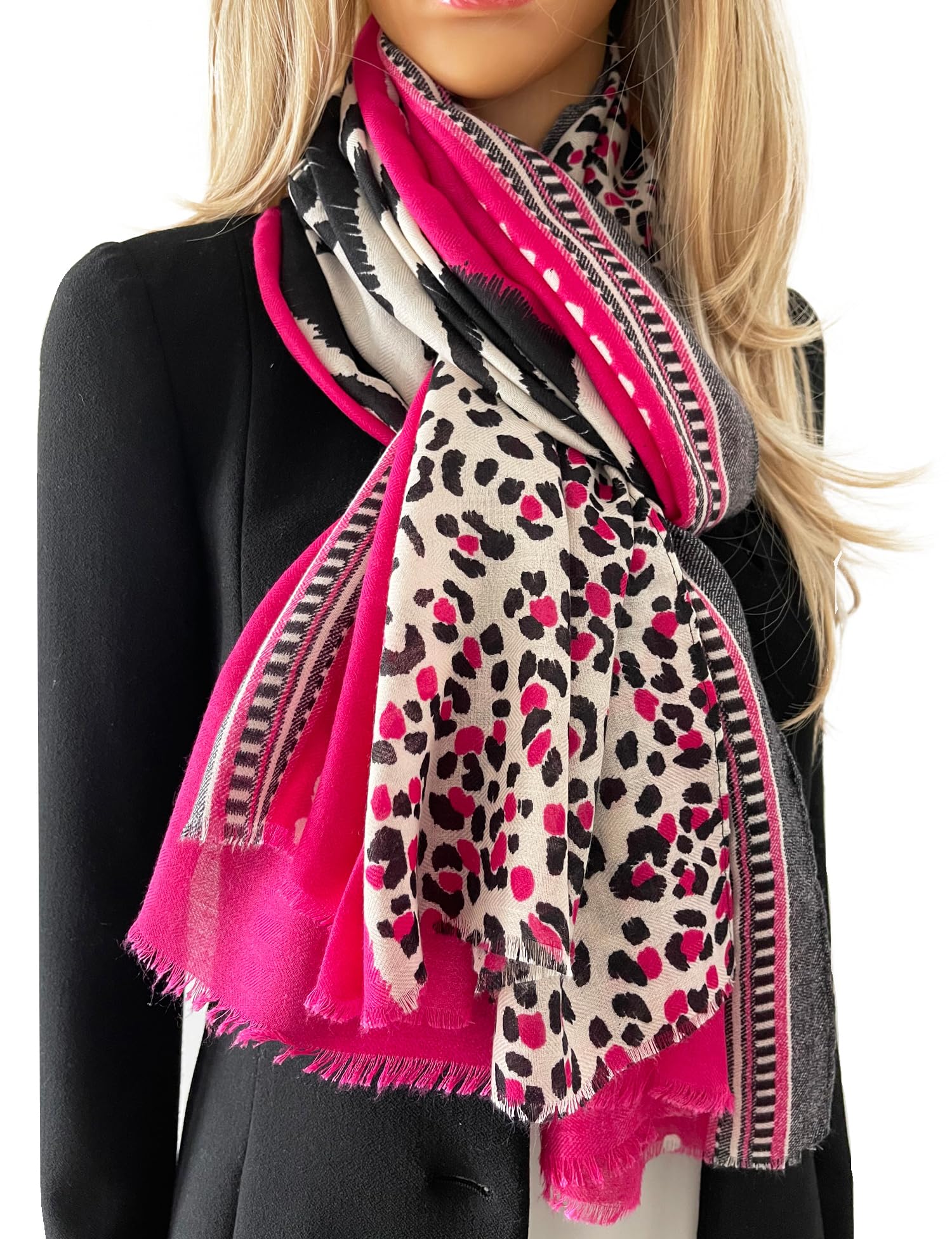 The Accessory Co. Women's Fuchsia Large Leopard Print Scarf For Animal Print Scarves, Long Neck Scarf, Designer Shawl Wrap Tiger Zebra, Mustard Yellow Green Pink (Fuchsia)