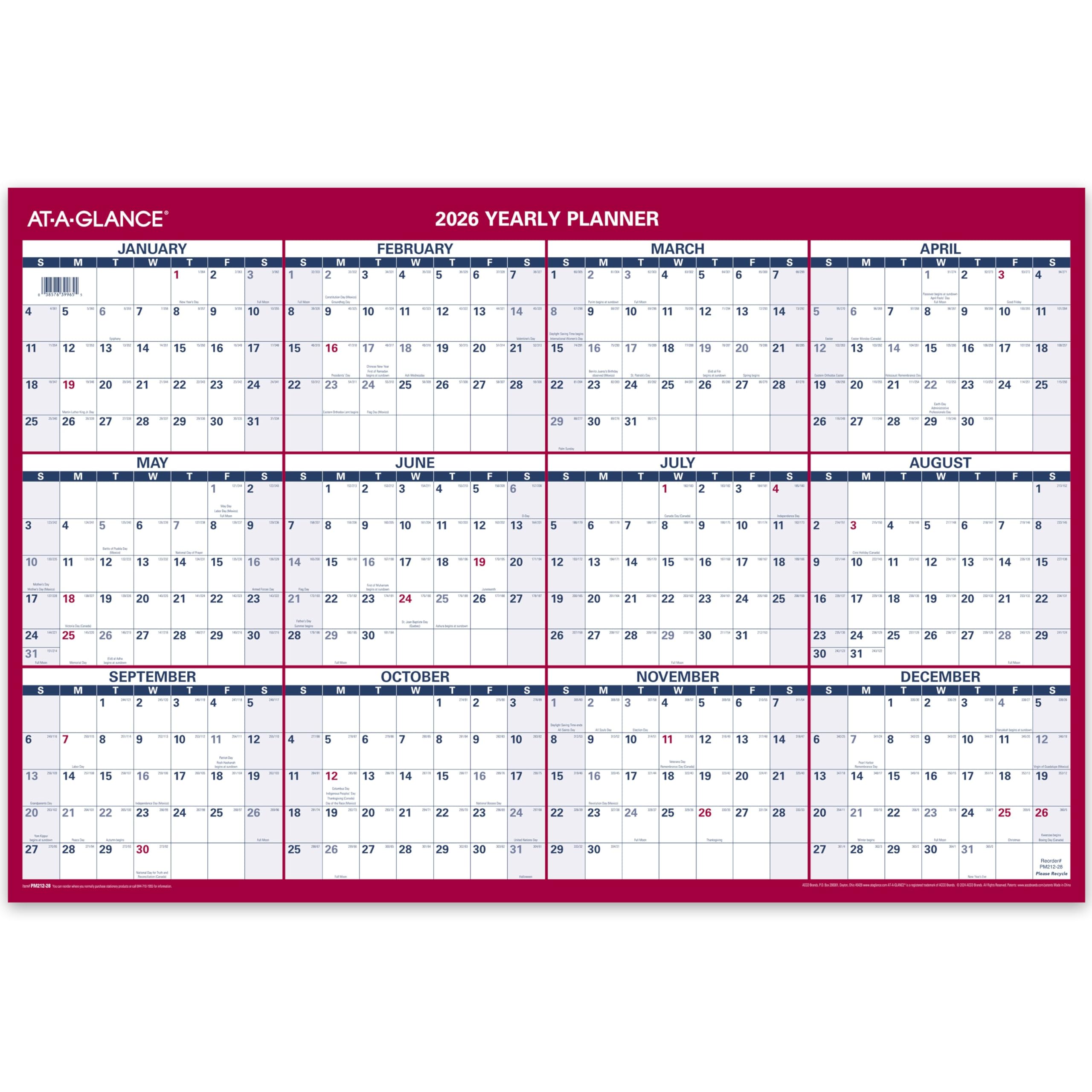 AT-A-GLANCE 2026 Wall Calendar, Monthly, 24" x 36", Extra Large, Paper, Reversible, Vertical-Horizontal (PM2122826)