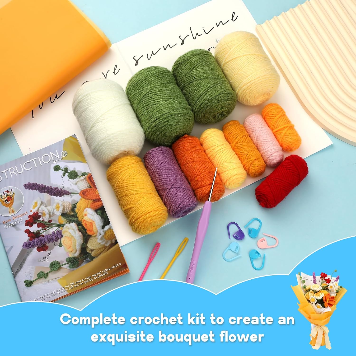 Iuuidu Crochet Kit for Beginners, Flower Bouquet Crochet Kit Rose, Knitting Starter Kit with Crochet Yarn and Step-by-Step Instructions for Birthday, Wedding Anniversary Day Present