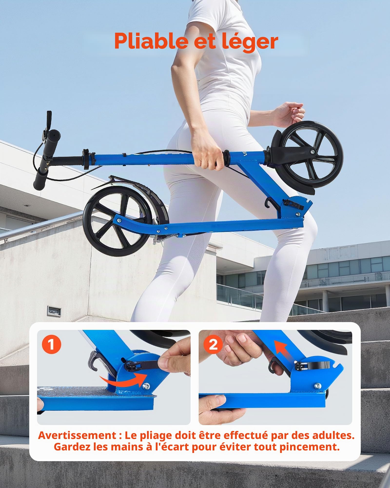 VEVOR Trottinette pour enfants de 8 ans et plus, ados et adultes, patinette à 2 roues, guidon réglable en hauteur, plateau antidérapant, pliable et légère pour garçons et filles à 100 kg, noir et bleu