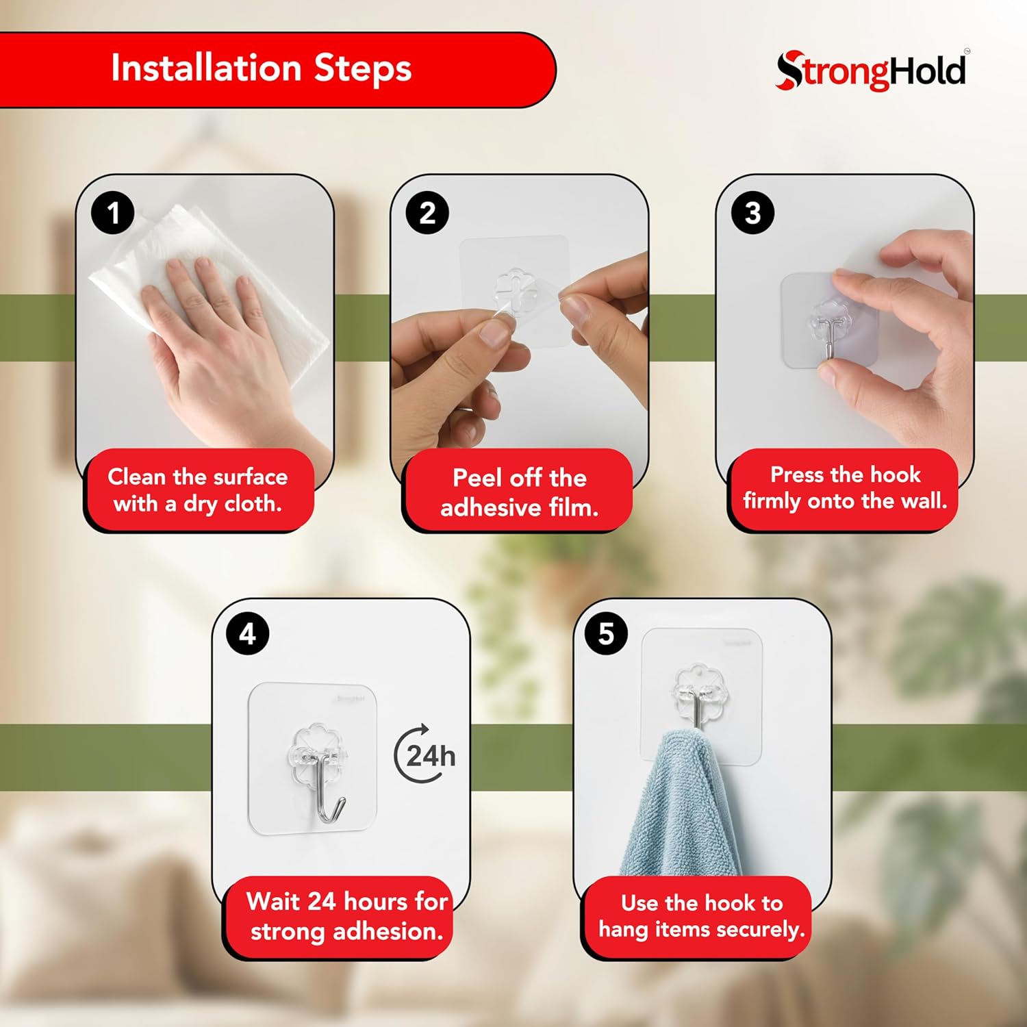 StrongHold Invisible Heavy Duty Removable Wall Hooks, Clear Sticky Hooks for Hanging, Waterproof Wall Hooks Removable, Reusable Damage Free Organizer Hooks Pack of 10