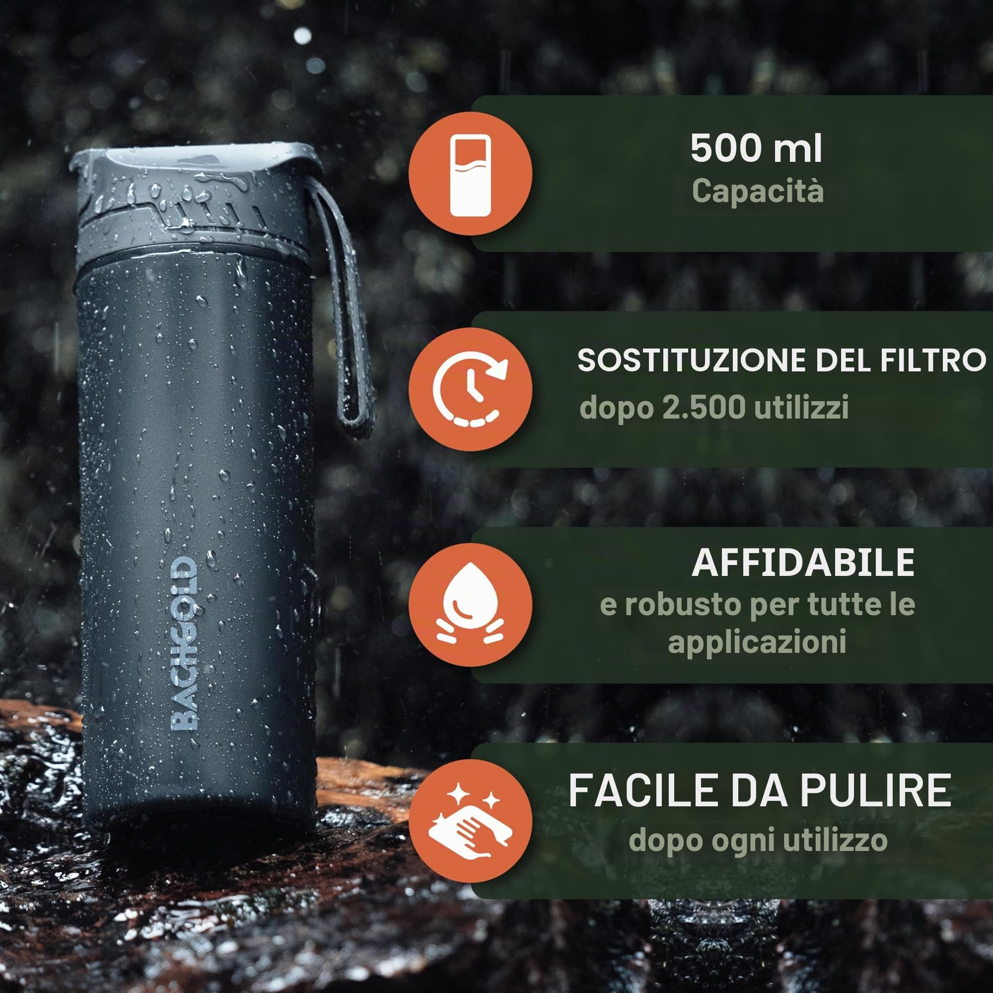 Bachgold Borraccia filtrante acqua potabile con capacità di filtrazione di 1500L I Rimuove il 99,99% dei batteri e filtra microplastiche, particelle e cloro I Per blackout e crisi, Negro 500ml
