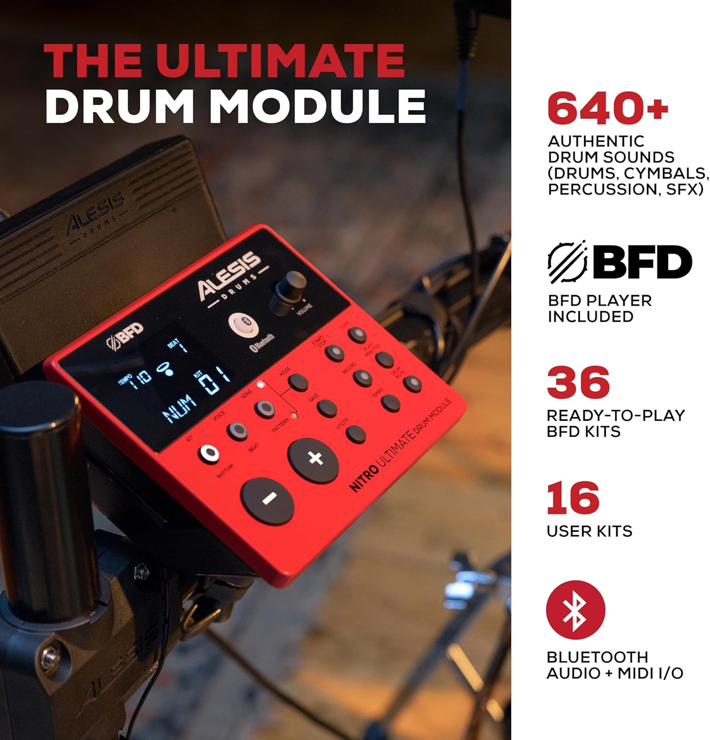 Close-up of the Alesis Nitro Ultimate Drum Module with its display showing kit number and tempo, along with various buttons for voice, kit, song, mode, and utility functions.