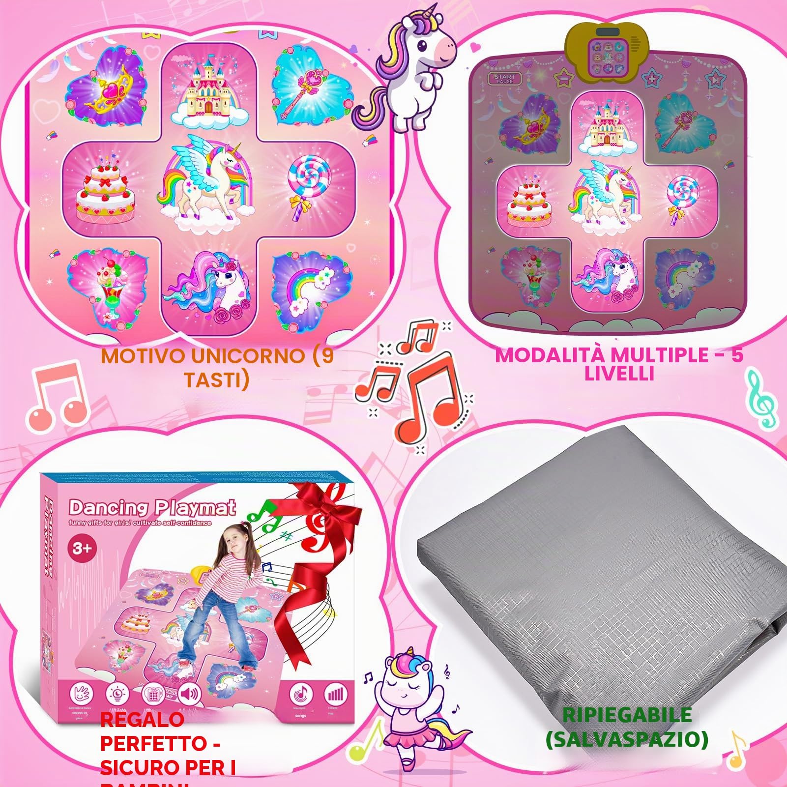 Giocattolo Tappetino da Ballo,Regali per Bambini da 2 3 4 5 6 + Anni Ragazze, Giocattolo Tappeto da Ballo Unicorno da 3 4 5 6 + Anni Ragazze, Regalo Ragazze,5 Livelli di Danza,Compleanno Natale