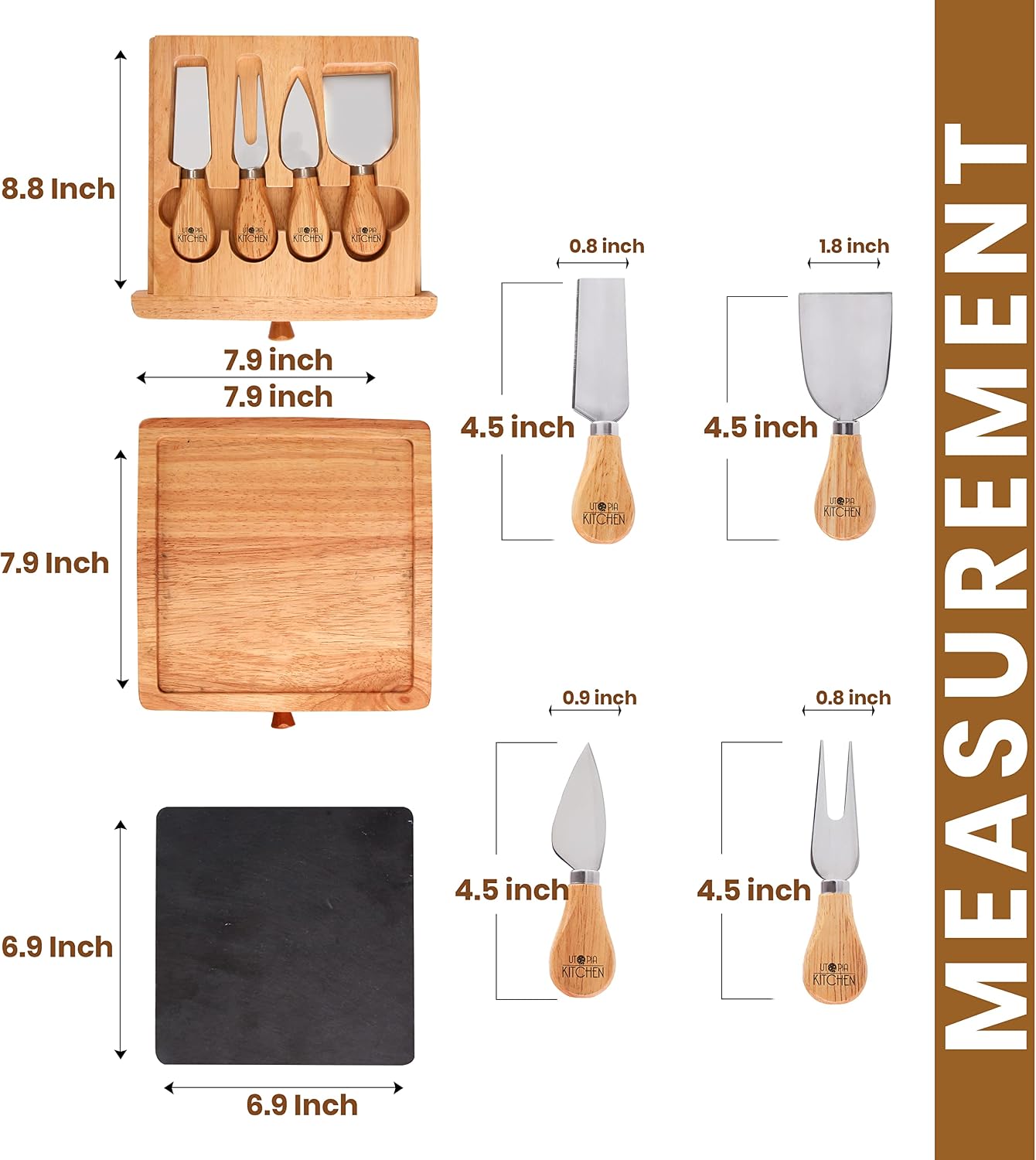 Utopia Kitchen Cheese Board and Knife Set - Set Includes Cheese Slate, 4 Stainless Steel Cheese Knives, Charcuterie Board with Drawer - Natural Oak Cheese/Cracker Platter - Cheese Cutting Board Set