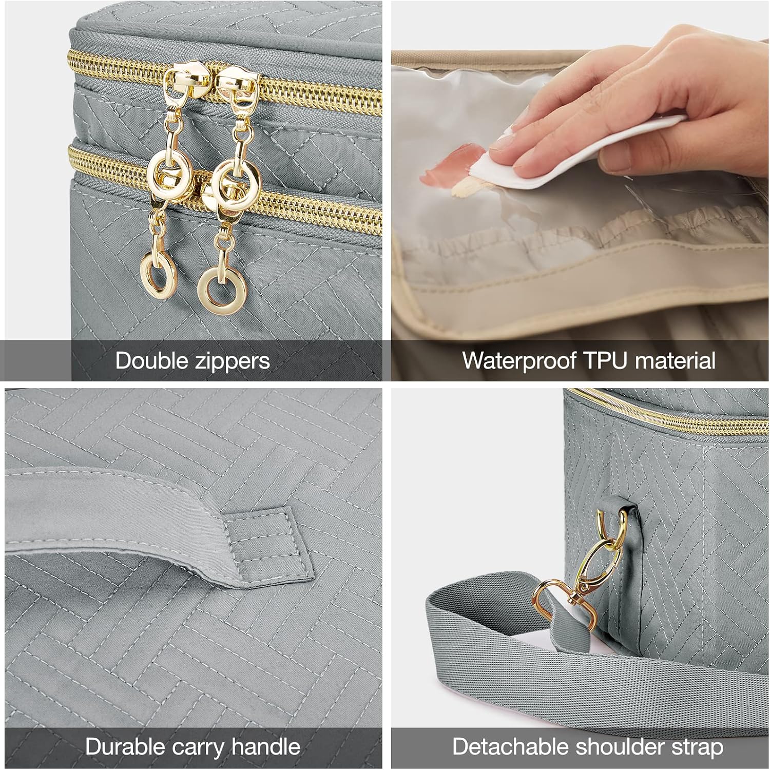 BAGSMART Medium Makeup Bag, Double Layer Large Cosmetic Makeup Organizer Travel Makeup Train Case with Shoulder Strap for Cosmetics Makeup Brushes Toiletries Travel Accessories (Grey)