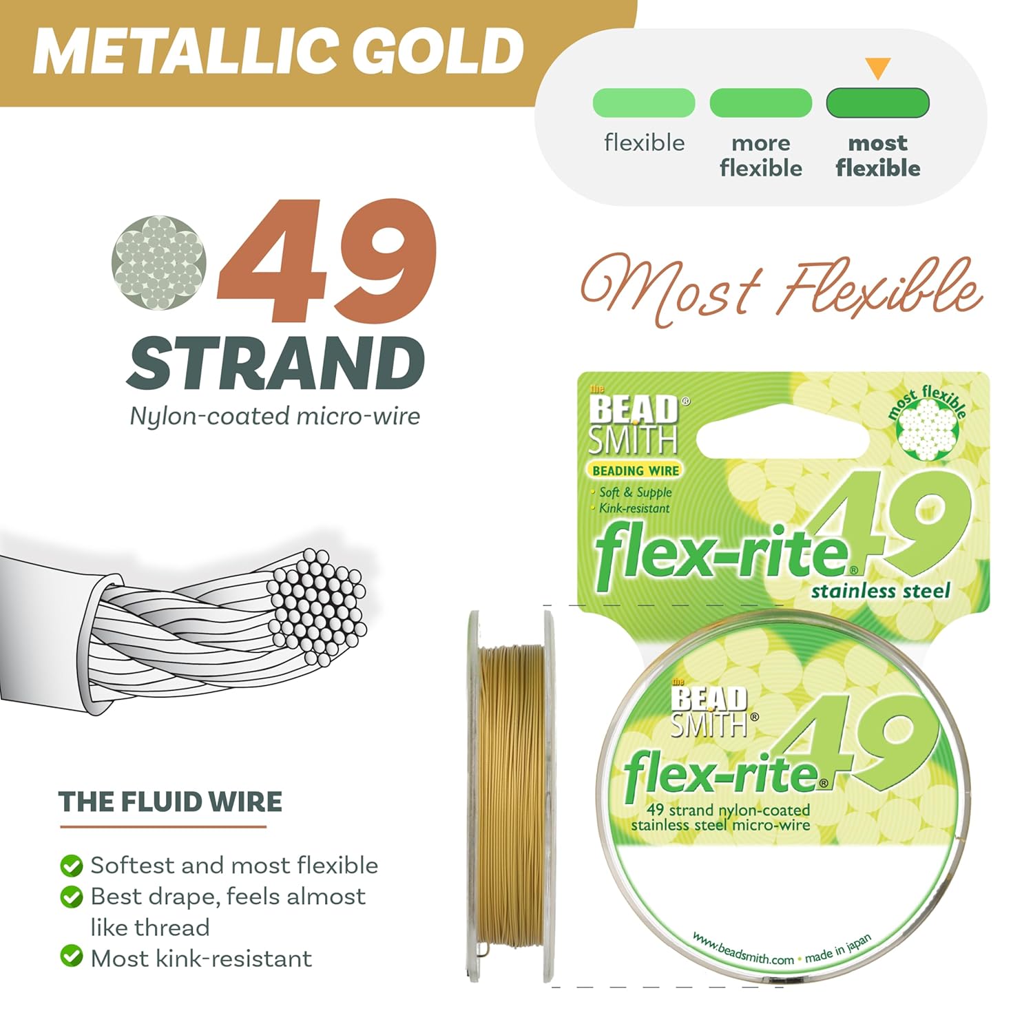 The Beadsmith Flex-Rite Beading Wire - 49-Strand Nylon-Coated Stainless-Steel Wire, 0.018" (0.45 mm) Dia, Metallic Gold, 30 ft Spool, Durable Necklace & Bracelet String, for Jewelry Making Supplies