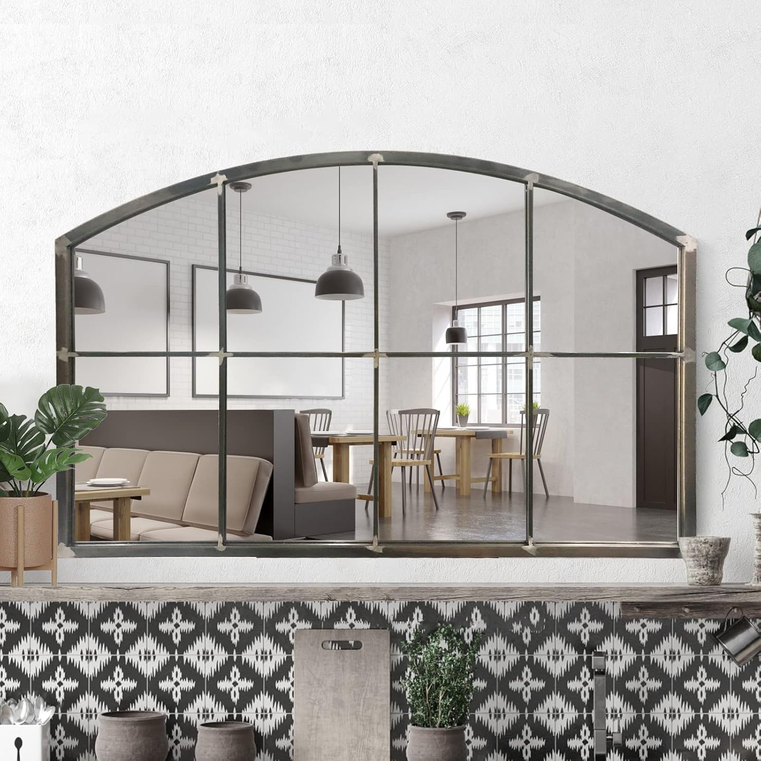 WAMIRRO Wide Window Pane Black Mirror,Farmhouse Arched Wall Mirror,Mantel Mirror for Fireplace/Entryway/Hallway/Living Room,42“X28” (Vintage Retro-Grey Wide)