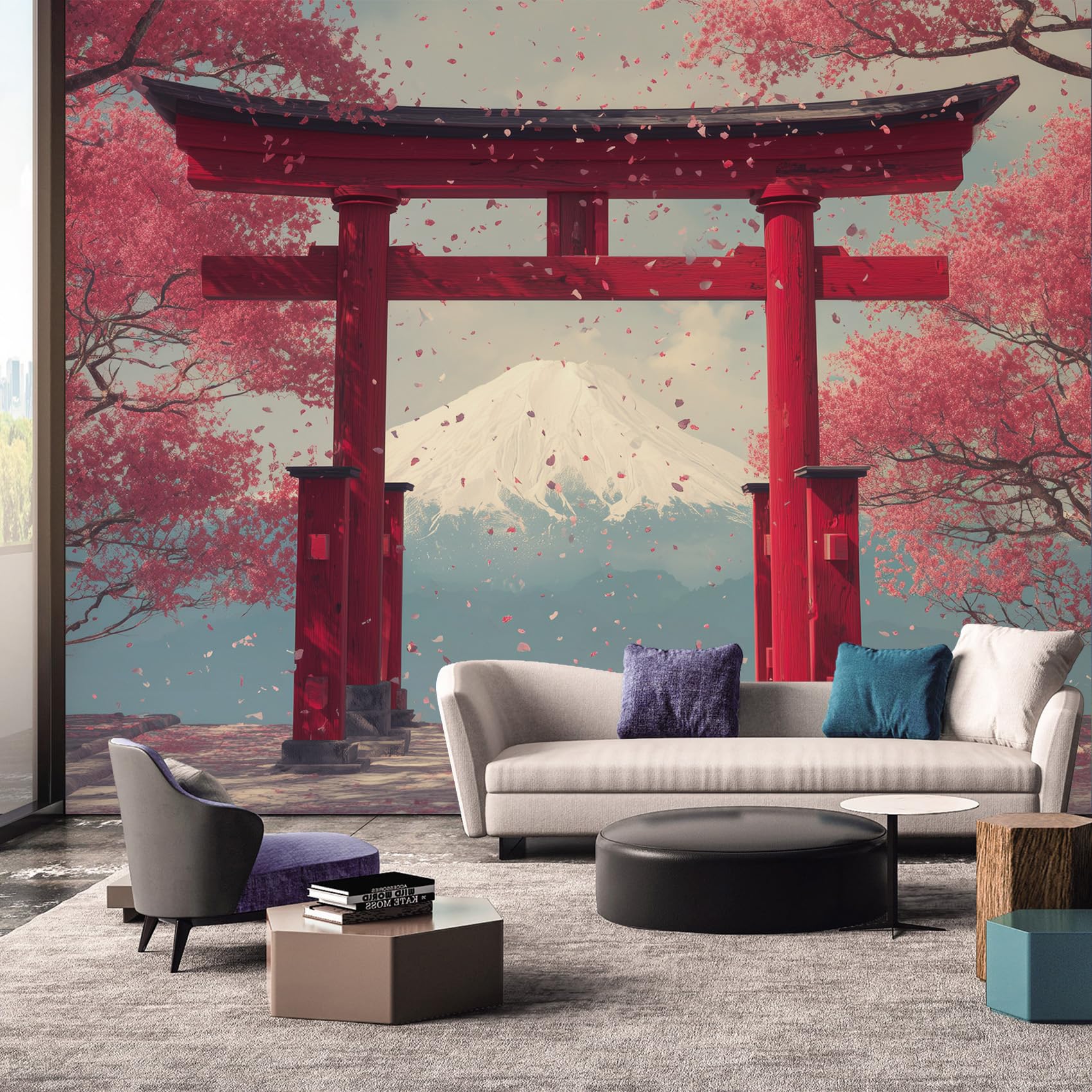Japanese Wallpaper, Landscape Mountain Torii Wallpaper Murals, Japanese Room Decor Wall Art for Bedroom Kitchen Living Room 450L x 315W cm