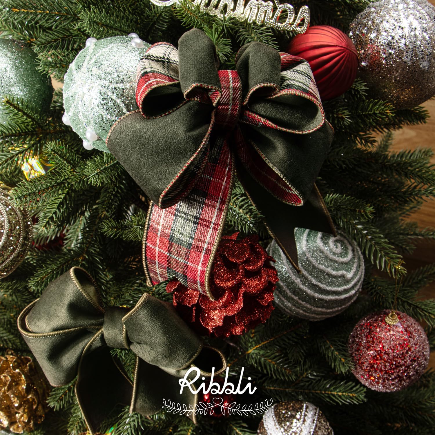 Ribbli Moss Green Velvet Wired Ribbon with Plaid Reversible 2.5 Inch Christmas Ribbon for Gift Wrapping Christmas Tree Decoration Crafts Wreaths Supplies-Continuous 10 Yards