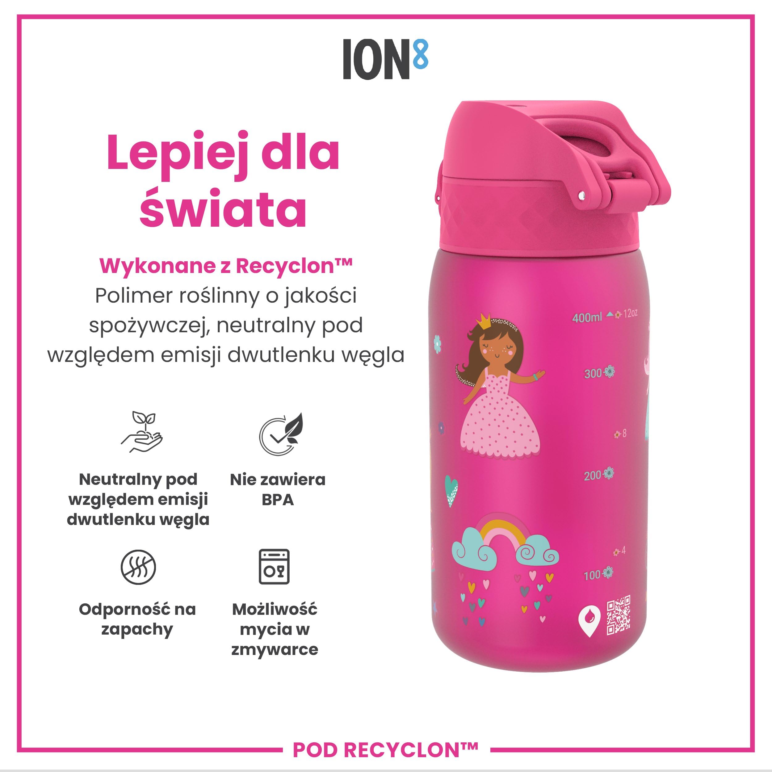 ION8 Butelka dla Dzieci, 350 ml/12 oz, Szczelna, Łatwa do Otwarcia, Bezpieczny Zamek, Można Myć w Zmywarce, Bez BPA, Uchwyt do Przenoszenia, Łatwa do Czyszczenia, Bezwonny, Księżniczka