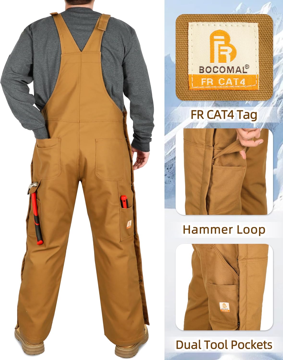 BOCOMAL Men's Insulated FR Bibs Duck Overalls for Cold Winter Thigh Leg Zippers Double Front Knee Pads Opening Loose Fit