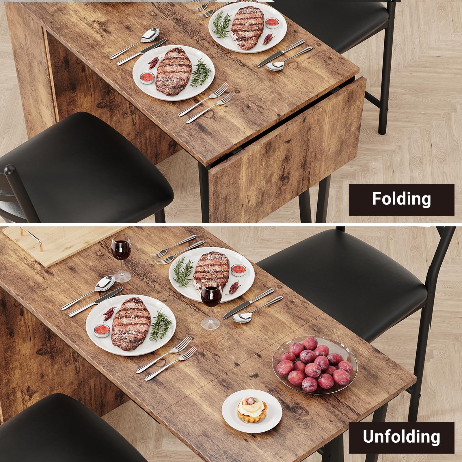 GarveeHome Zestaw 3 składanych stołów barowych + 2 stołki + 3 półki - autentyczny styl industrialny (szczotkowana stal i drewno sprężynowe) - kompaktowa grubość 8 cm po złożeniu - do otwartej kuchni i