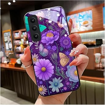 for Samsung Galaxy S23 Case 6.1 inch Tropical Floral Butterfly & Purple Pattern, Glossy Smooth Hard Finish case, Bold & Vibrant & Playful Style, Aesthetic Fans