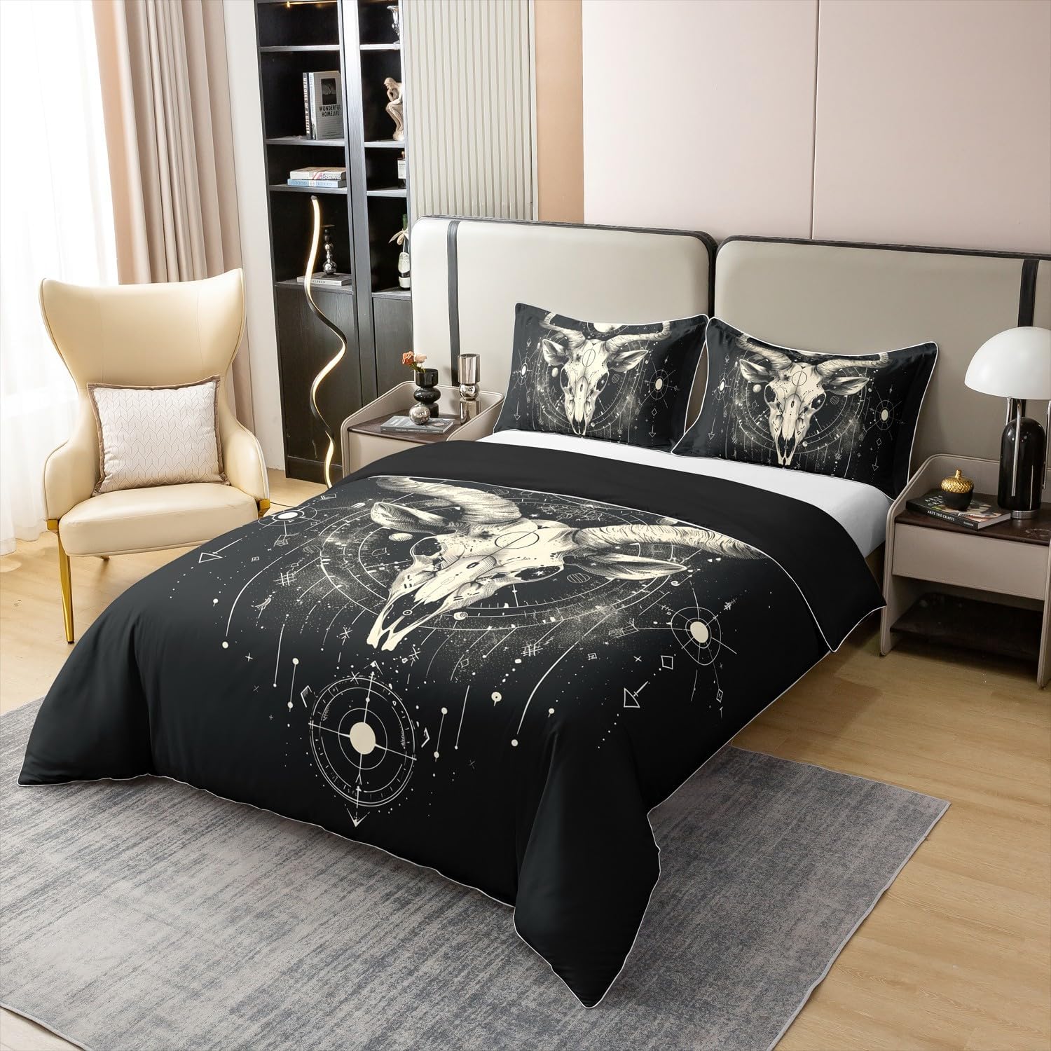 Manfei 100% Cotton Goat Skull Duvet Cover,Western Ethnic Tribal Animal Comforter Cover(No Filler),Boho Glitter Starry Geometric Decorative Quilt Cover,3Pcs Full Size