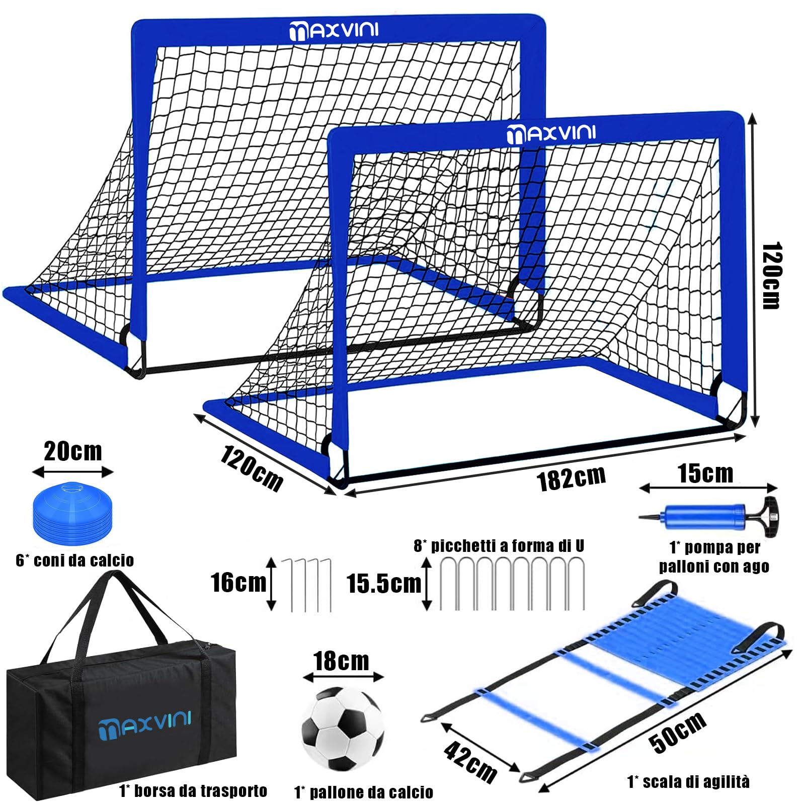 Cancello da calcio per giardino e bambini, 182 x 120 x 120 cm, con aste in fibra di vetro, per interni ed esterni, set pieghevole pop-up con 6 cappelli, calcio, scala da allenamento, pompa per