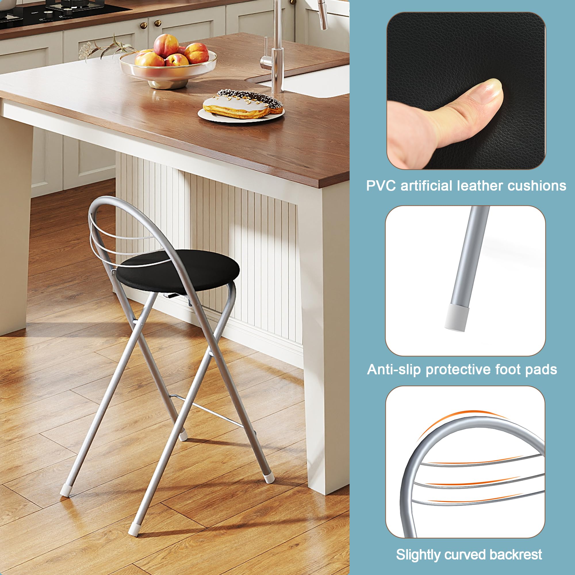 Tabouret Bar Pliant avec Rembourrage, Chaise Cuisine avec Dossier, Hauteur Assise 61 cm, Aucun Assemblage requis, Tabouret Pliant Portable, pour Cuisine, Salon, Salle à Manger, Noir et Argent