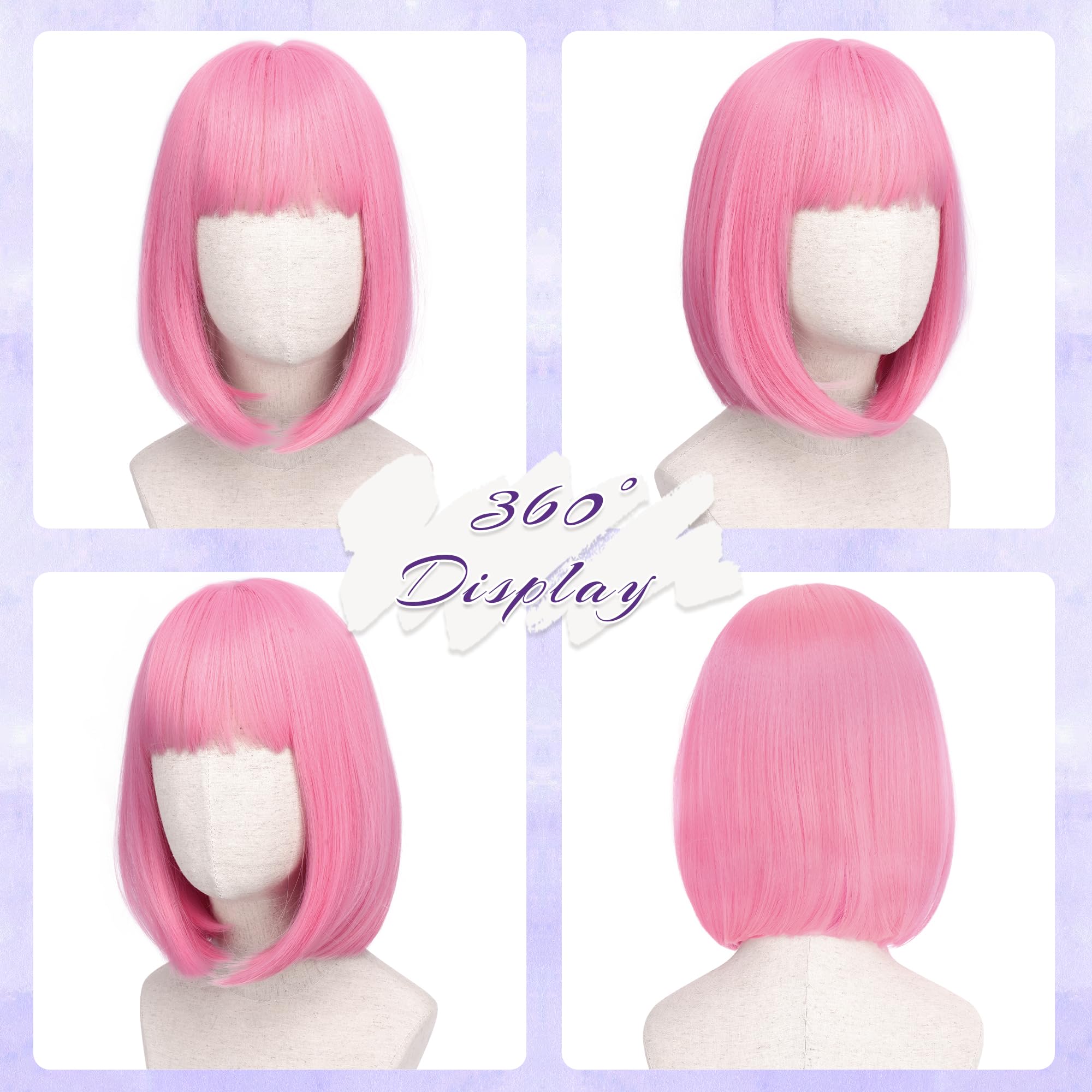 FESHFEN Rosa Claro Corta Bob Pelucas con Flequillo, 30 cm Vistoso Bob Corto de Neón Sintética Peluca para Mujer Festivo Fiesta Disfraz Diario Cosplay Wear Carnaval Light Pink