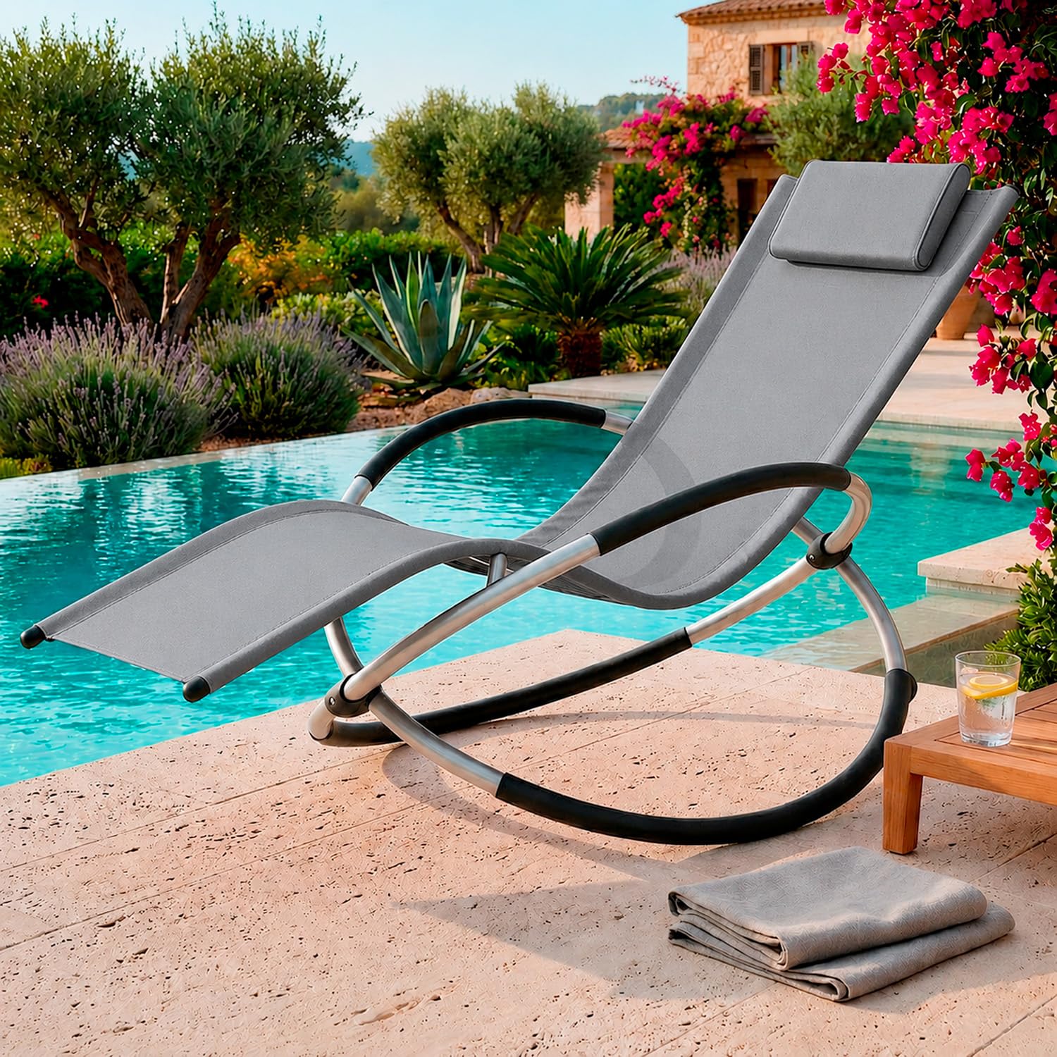 Poltrona Sdraio A Dondolo Basculante Per Giardino E Piscina Con Poggiatesta Removibile Telaio In Metallo Textilene Traspirante Ergonomica Da Esterno 73 x 150 x 93 Cm Grigio