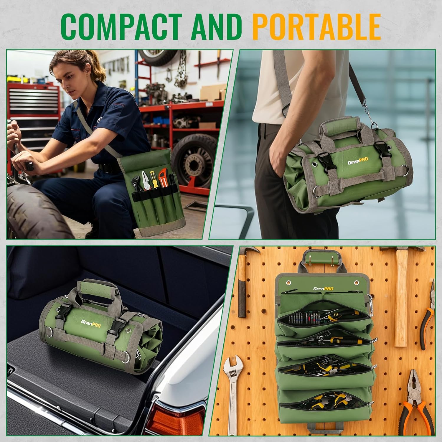 GrenPRO Roll Up Tool Bag With Detachable Pouches, Heavy Duty Organizer With 6 Pockets for Mechanics, Electricians, DIY, Gifts for Dad, Men Birthday Gift, Green