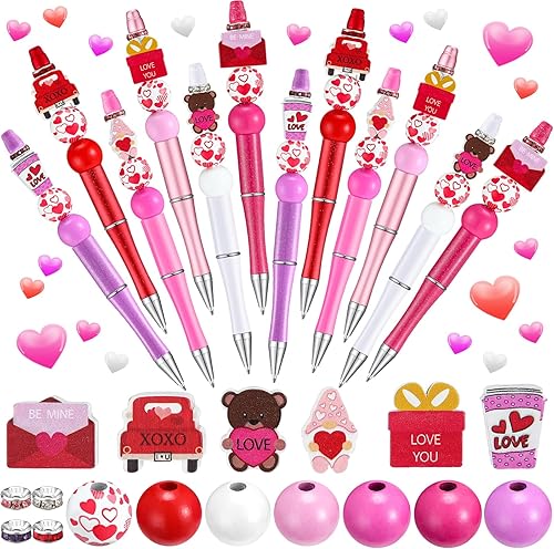 Yeaqee Juego de 60 bolígrafos de cuentas para el día de San Valentín, bolígrafos de cuentas de plástico, bolígrafos de cuentas a granel, kit de