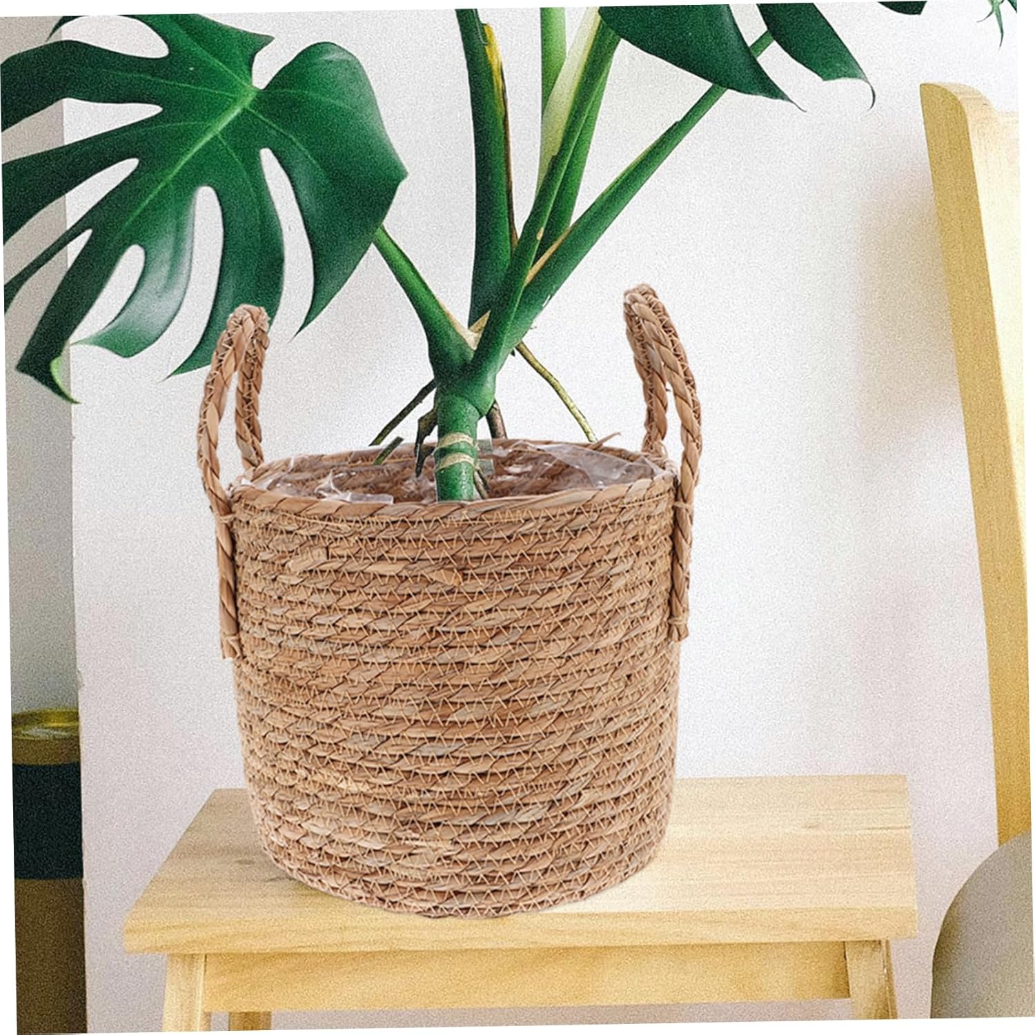 PartyKindom 25cm Straw Flowerpot Vintage Planter Fiber Plant Holder Woven Outdoor Planter Basket
