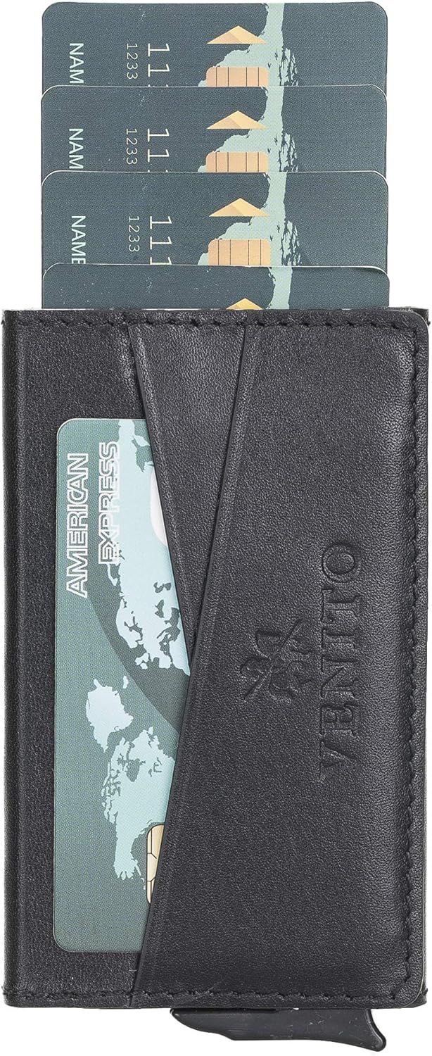 Venito Turin Premium Genuine Leather Mechanical Card Holder - RFID Blocking (Rustic Black)