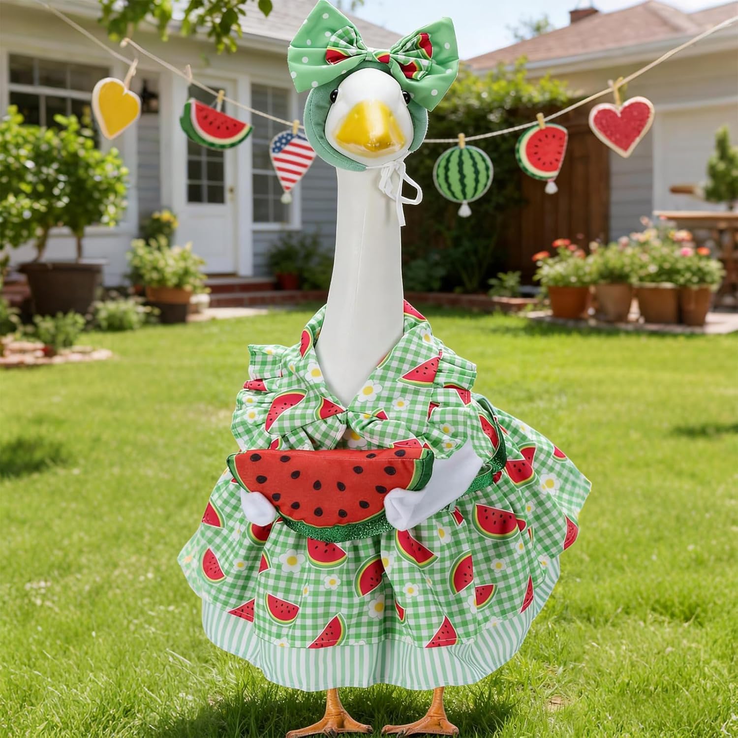 Summer Porch Goose Outfits for 23 Inch Lawn Statue, Watermelon Costume for Plastic/Cement Statue, Duck Sculpture Clothes for Spring Yard Patio Party Decoration