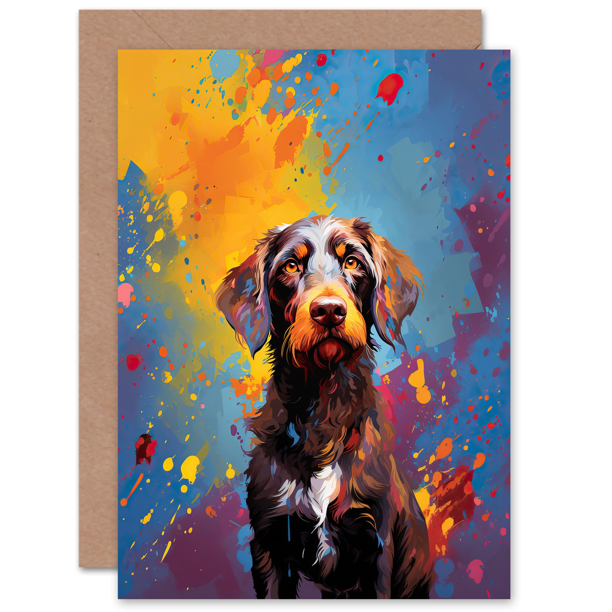 Artery8 Wirehaired German Pointer Dog Lover Gift Pet Portrait Blue Orange Purple Artwork Painting Sealed Greeting Card Plus Envelope Blank inside