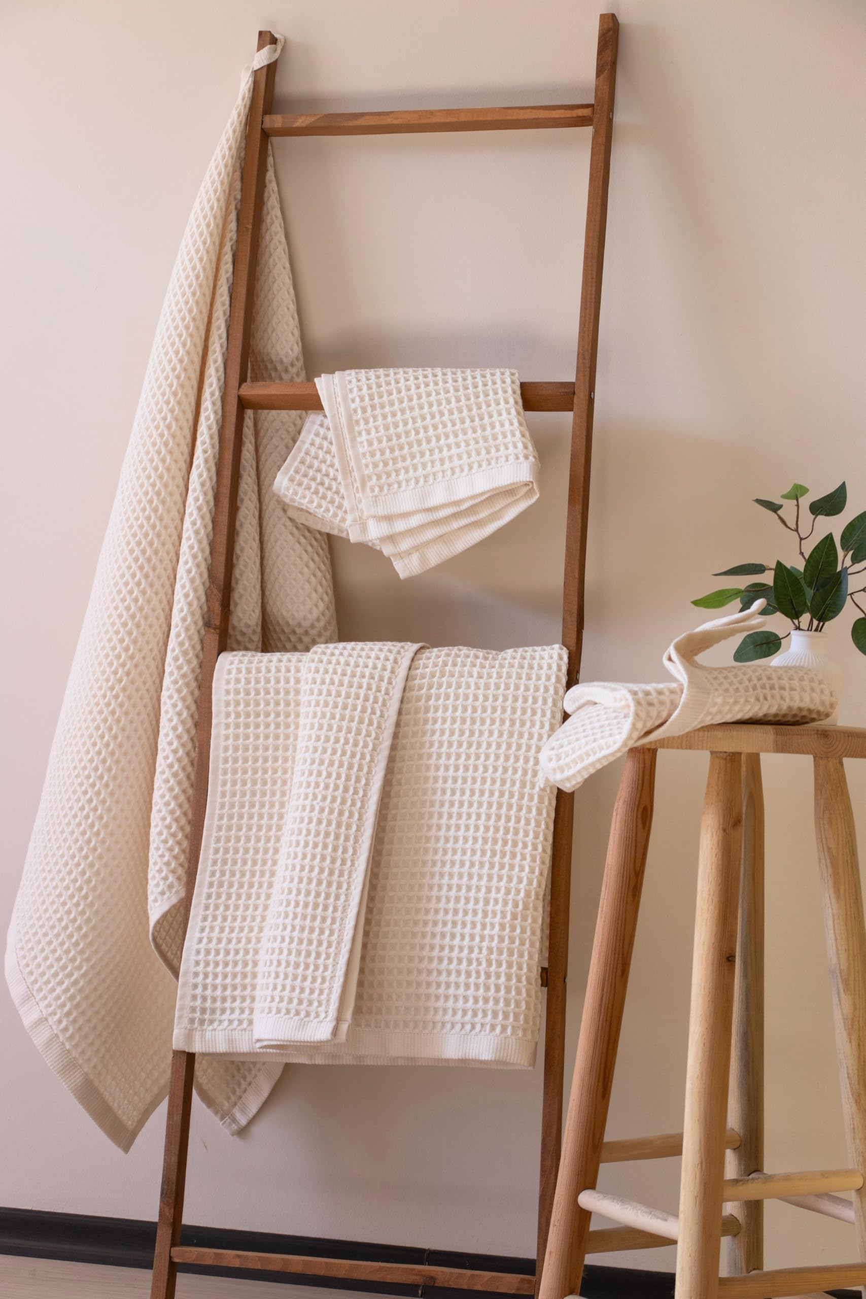 PÜSKÜL - Premium Waffle Towel Set 4 Pieces Natural Raw - Organic 100% Turkish Cotton Quick-Dry Towels for Bathroom Made in Turkiye (Natural Beige,