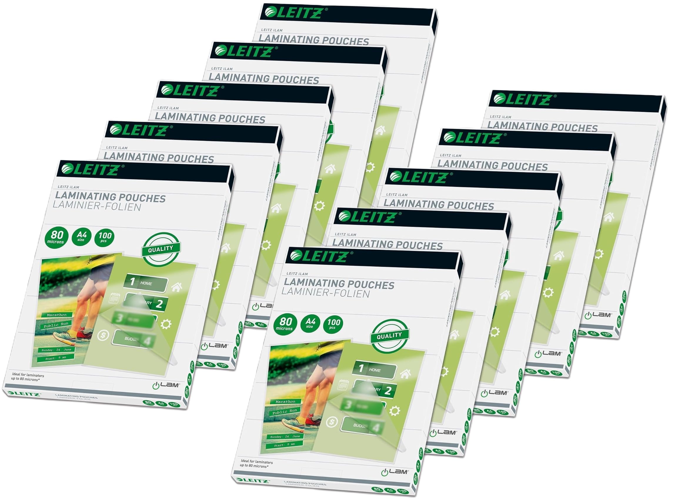 Leitz Heißlaminierfolien A4 80 mic, Hochwertige Laminierfolien mit abgerundeten Ecken, transparent, glänzend, für den Einsatz zu Hause oder im Büro, 74330000 (10 x 100er Pack)