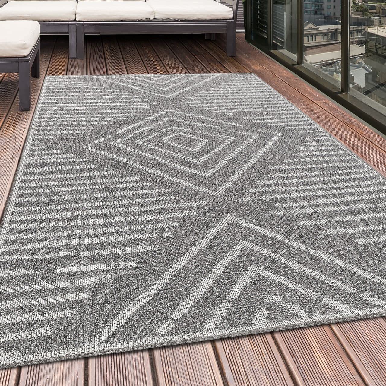 HomebyHome In- & Outdoor Teppich 140x200 cm, Wetterfest & Robust, Flachgewebe mit Modernem Boho-Design in Grau & Creme, Rechteckig für Terrasse, Balkon, Küche, Bad & Wohnzimmer