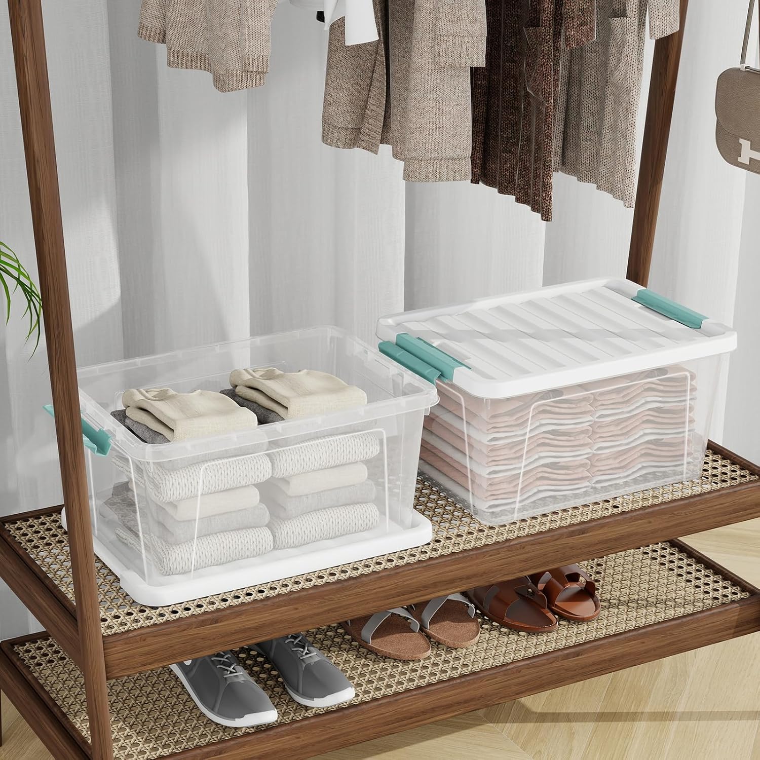 35 Quart Clear Lidded Storage Bins, Plastic Latching Organizer Boxes, 6 Pack