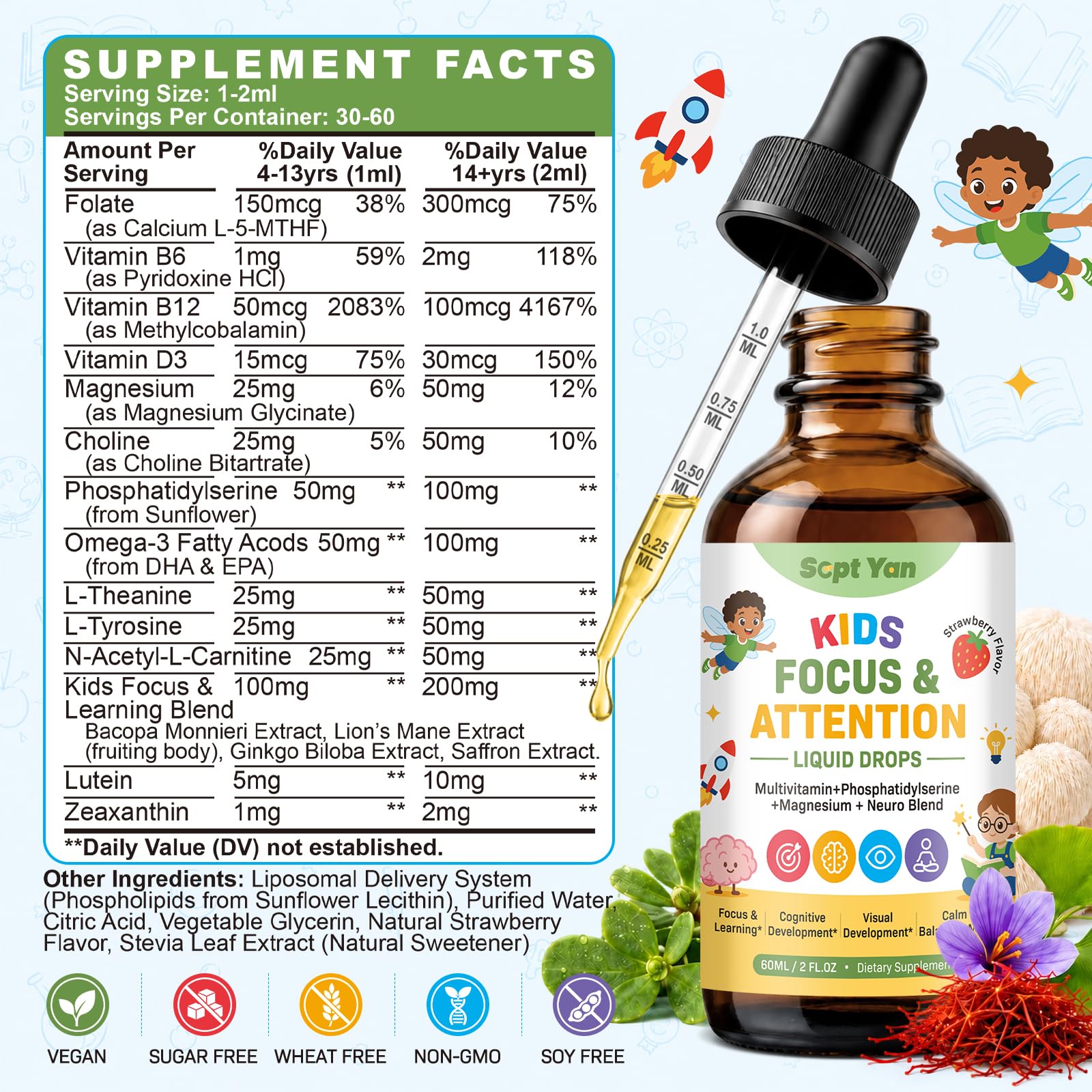 Kids Focus and Attention Supplements with Phosphatidylserine, Omega-3, Magnesium Glycinate, L-Theanine, Choline & Lutein – Kids ADHD Brain Liquid Drops for Memory, Calm Mood & Learning, Strawberry 2oz — Amazon image 2