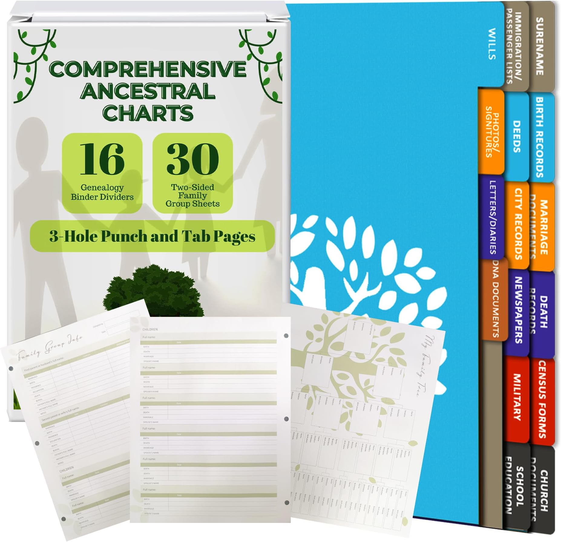 Generic 30 Two-Sided Large Family Group Sheets: Comprehensive Ancestral Charts with 3-Hole Punch and Tab Pages, 8.5' x 11' White Premium Matte Paper