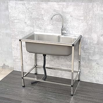 Stainless Steel Utility Sink, Single Bowl Sink With Drainboard, Commercial Restaurant Kitchen For Indoor Outdoor Laundry Garage, unit cm  Col, 48x35