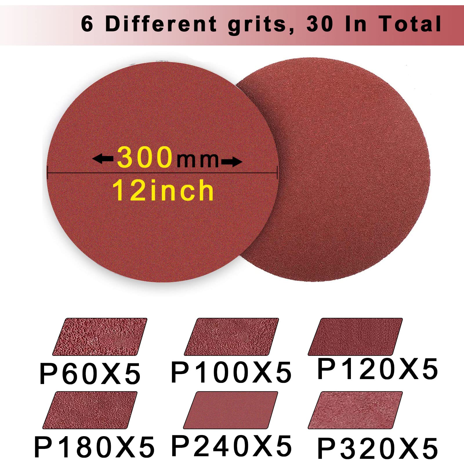 FEIHU Tarcze szlifierskie 300mm ziarnistość 5XP60, 100, 120, 180, 240, 320. Nakładka na rzep 300mm do szlifierek talerzowych, szlifowania/polerowania