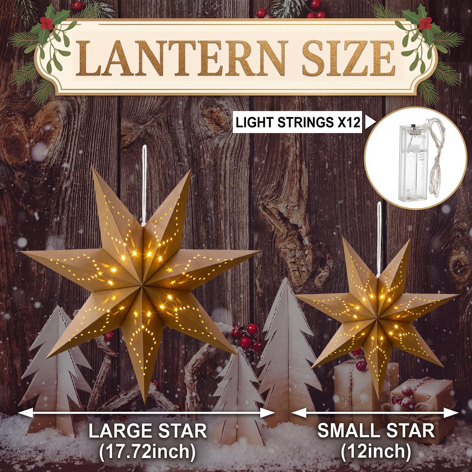 Youyole Juego de 12 faroles de papel de Navidad con luces, 7 puntiagudos