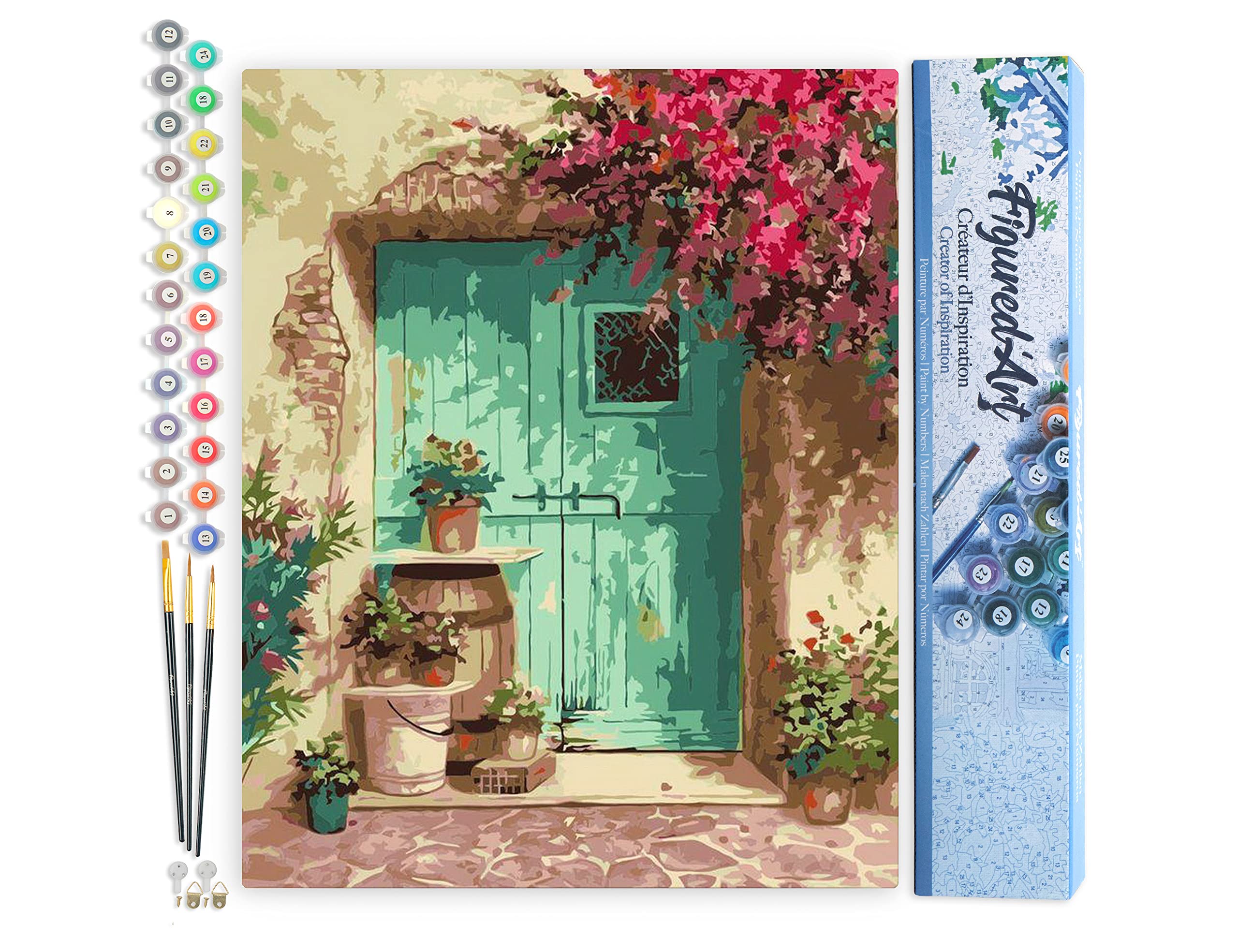 Figured'Art Pintar por Numeros Adultos con marco Entrada florecida - Manualidades pintura acrilica Kit Cuadro DIY completo - 40x50cm con bastidor montado