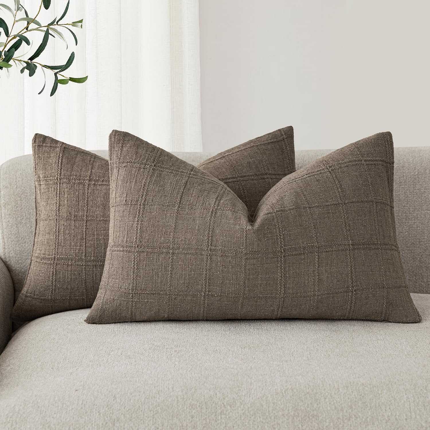Foindtower Textured Linen Check Lumbar Throw Pillow Covers 12×20 Taupe Grey