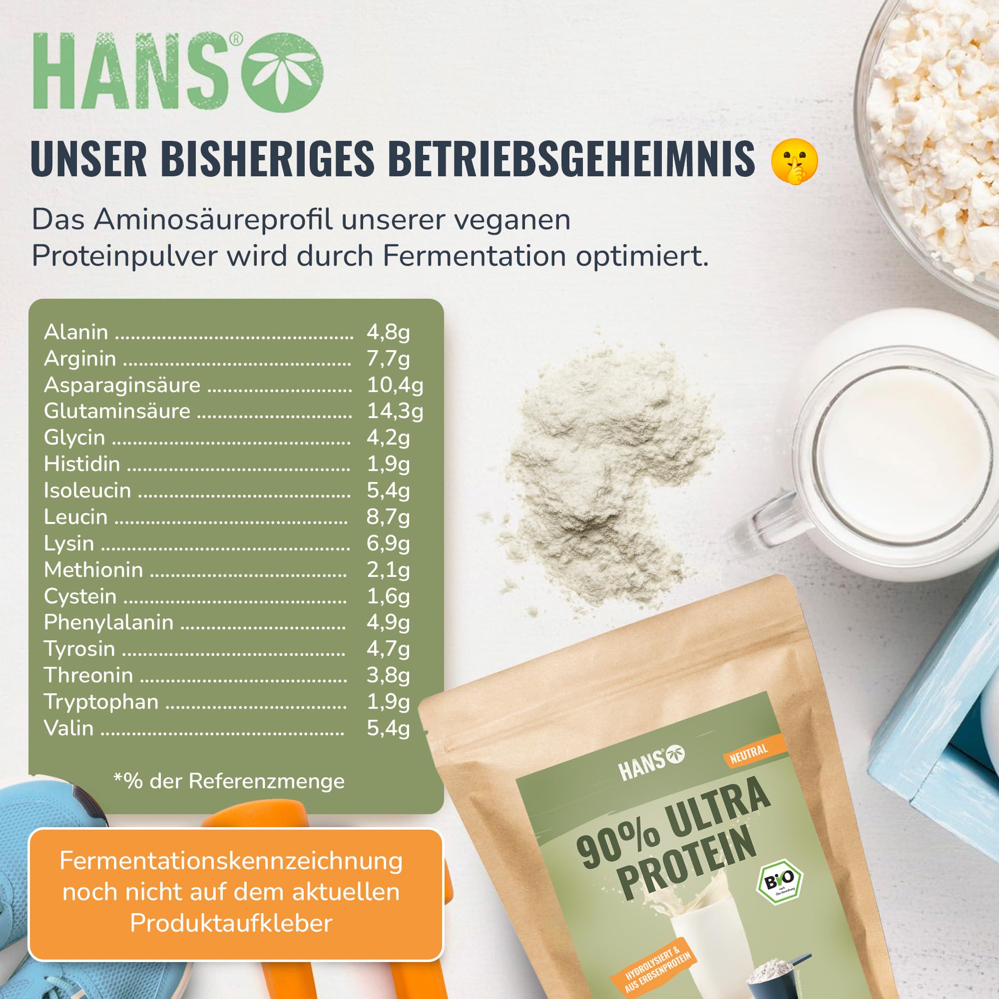 HANS Brainfood 90% Bio ULTRA fermentiertes Erbsenprotein Pulver cremig 1kg neutral - Veganes Proteinpulver cremig Mit Optimalem Aminosäurenprofil & Gut löslich - Bio Protein Pulver (1000g)