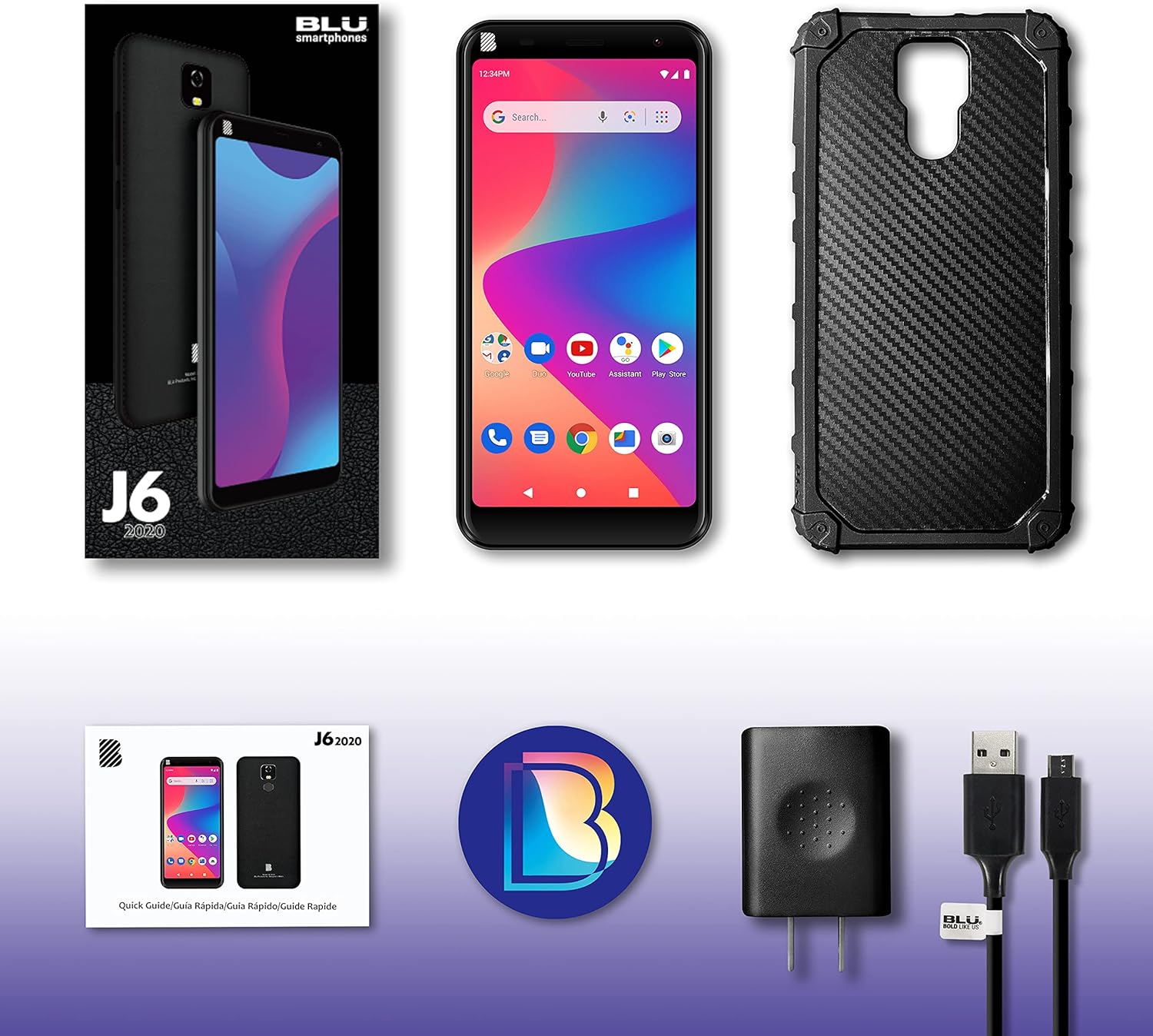 Contents of the BLU J6 2021 smartphone box, including the phone, charger, USB cable, rugged case, and documentation.