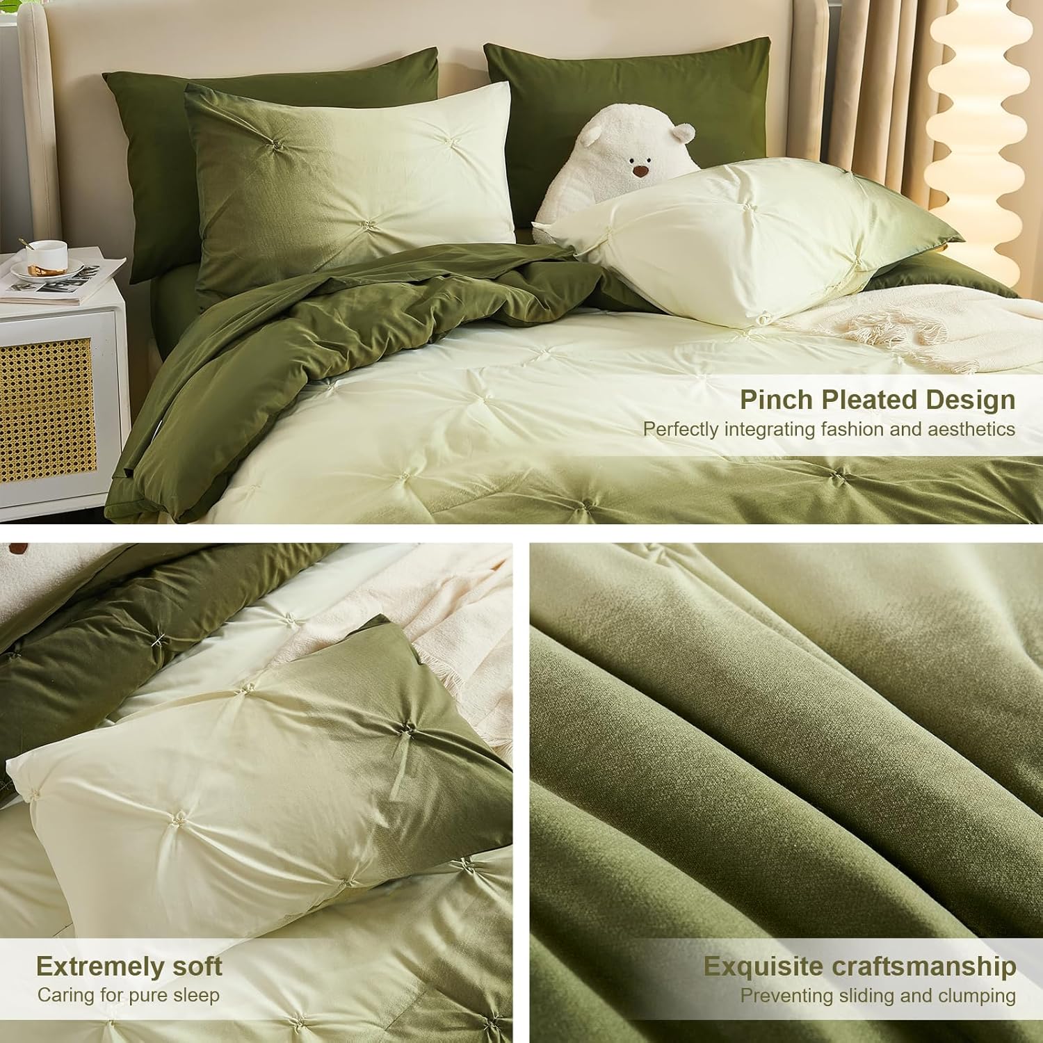 Dinjoy Ombre Comforter Set Queen Size, 7-Piece Bed in a Bag for All Season, Pintuck Colorful Rainbow Bedding Sets with Comforter, Flat Sheet, Fitted Sheet and Pillowcases & Shams, Green