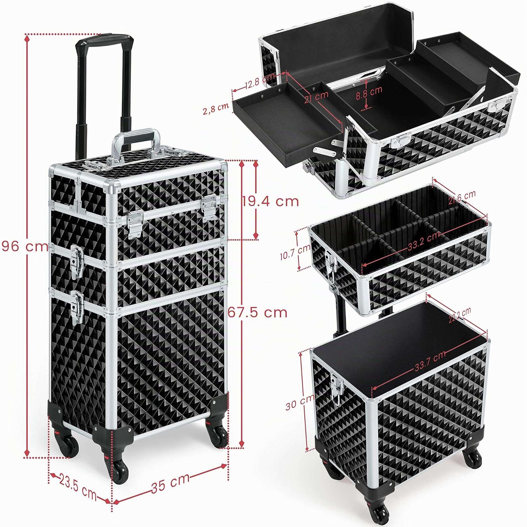 Yaheetech 3 en 1 Maleta de Maquillaje Meleta Portatil Organizador Estuche Cosméticos Superficie Bandeja para Viaje Trabajo Maleta con Ruedas Negro